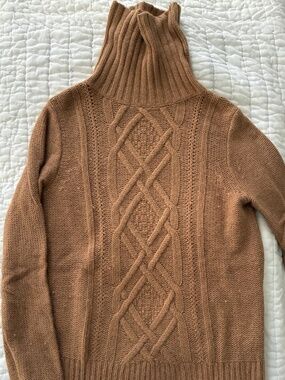 J.Crew Women's Small Cable Knit Turtleneck, Wool Blend, Camel, Diamond Front